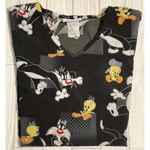 Womens Looney Tunes‎ Scrub Top Shirt Black Size Medium Sylvester Tweety Bird
